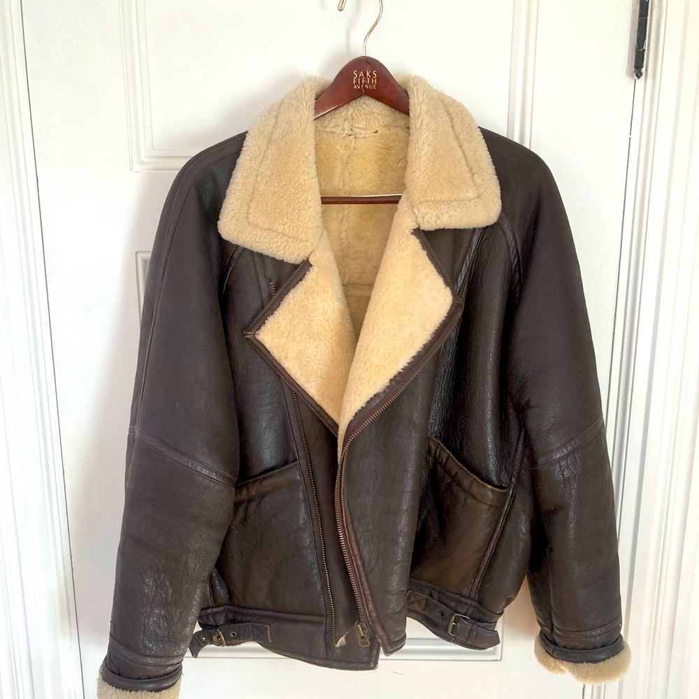 Sheepskin bomber coat men’s size 40 medium super warm distressed leather wool